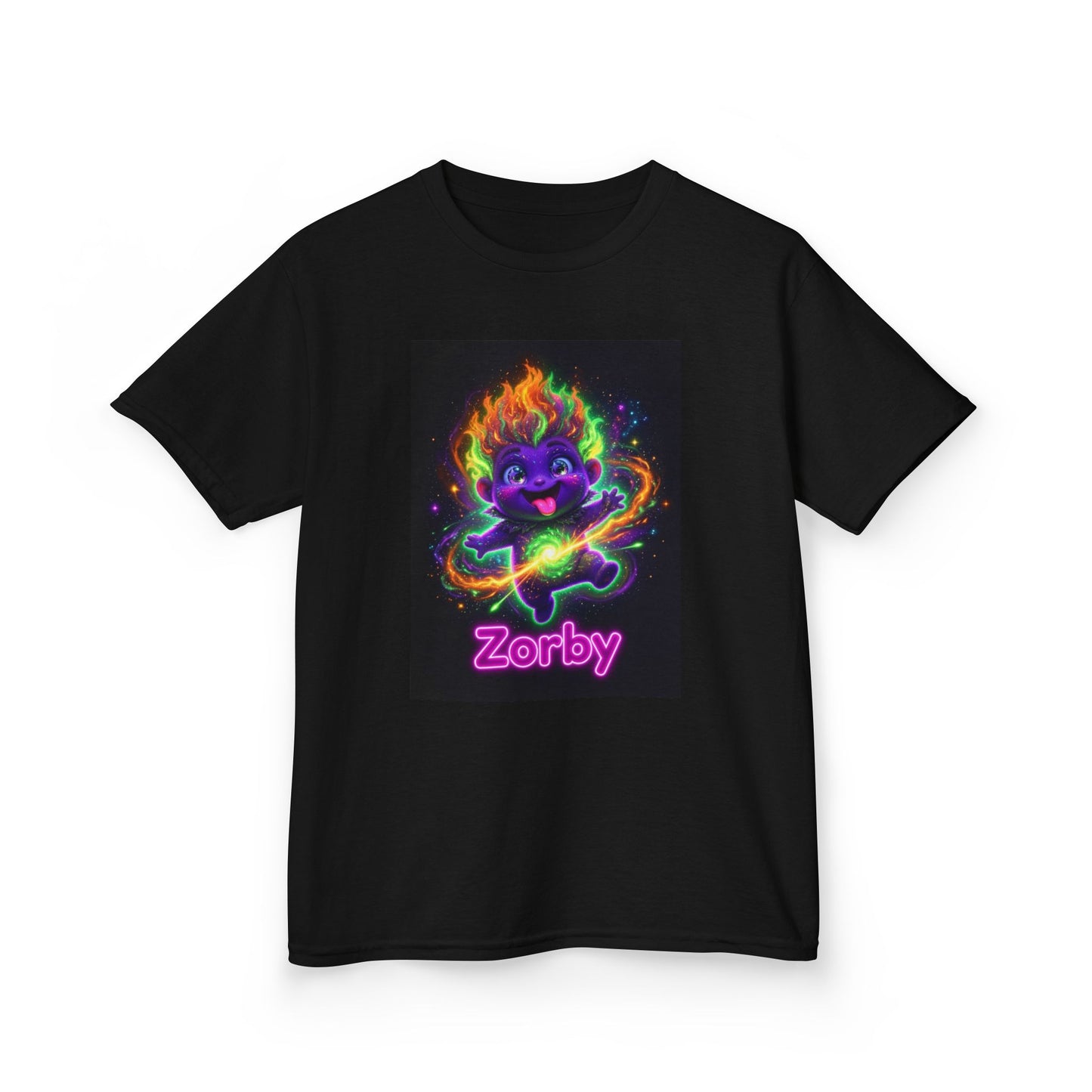 Black kids t-shirt featuring Zorby the Bounce-Back Trait Buddy with neon rainbow energy effects from OrbPals