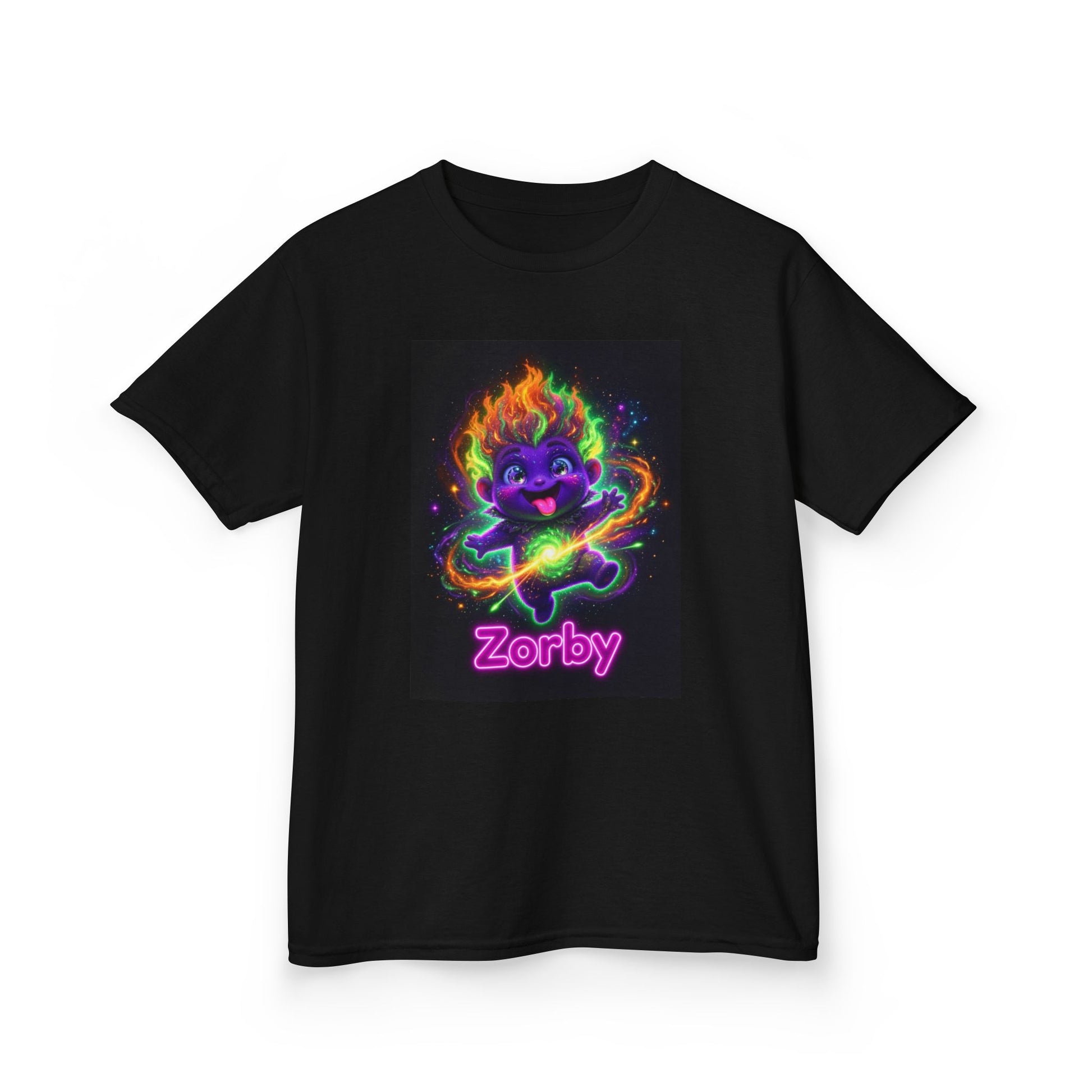 Black kids t-shirt featuring Zorby the Bounce-Back Trait Buddy with neon rainbow energy effects from OrbPals