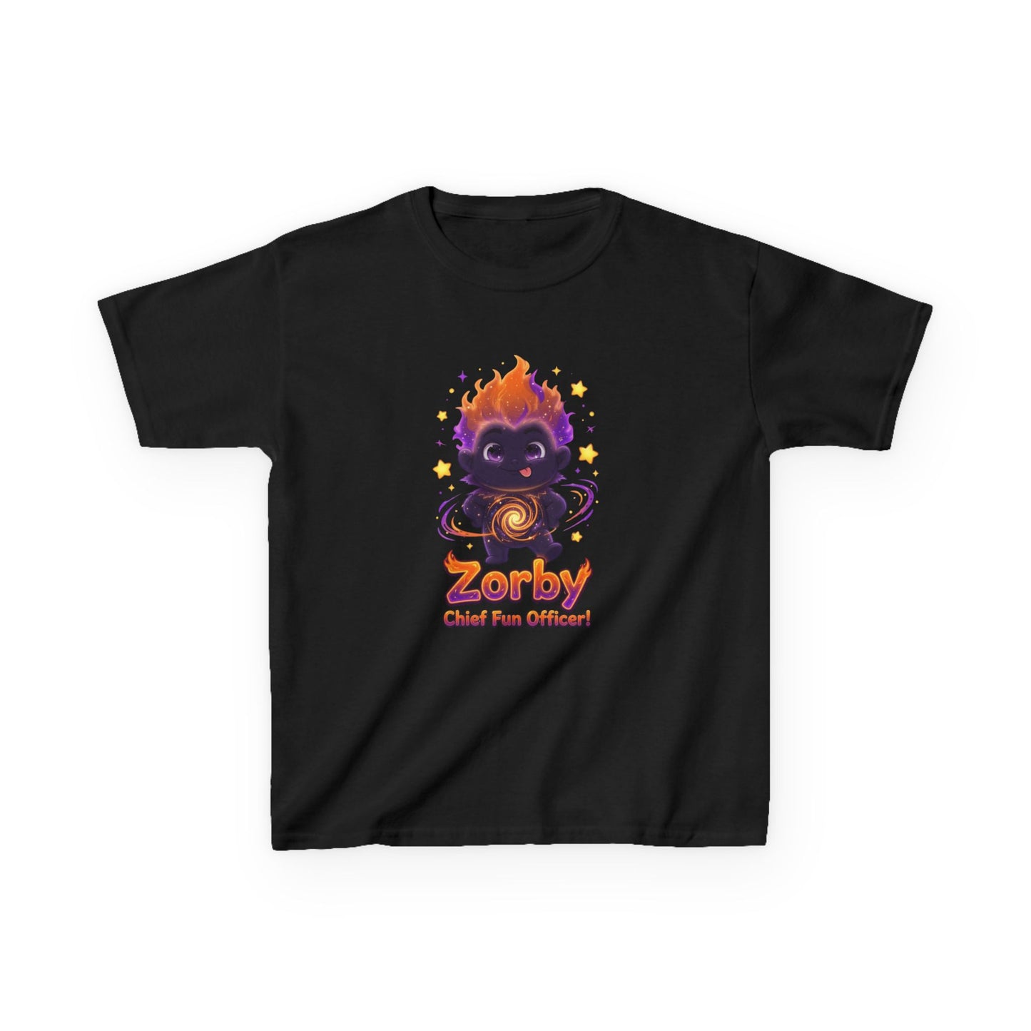 Black kids t-shirt featuring Zorby the Bounce-Back Trait Buddy with orange flame hair and swirl emblem from OrbPals