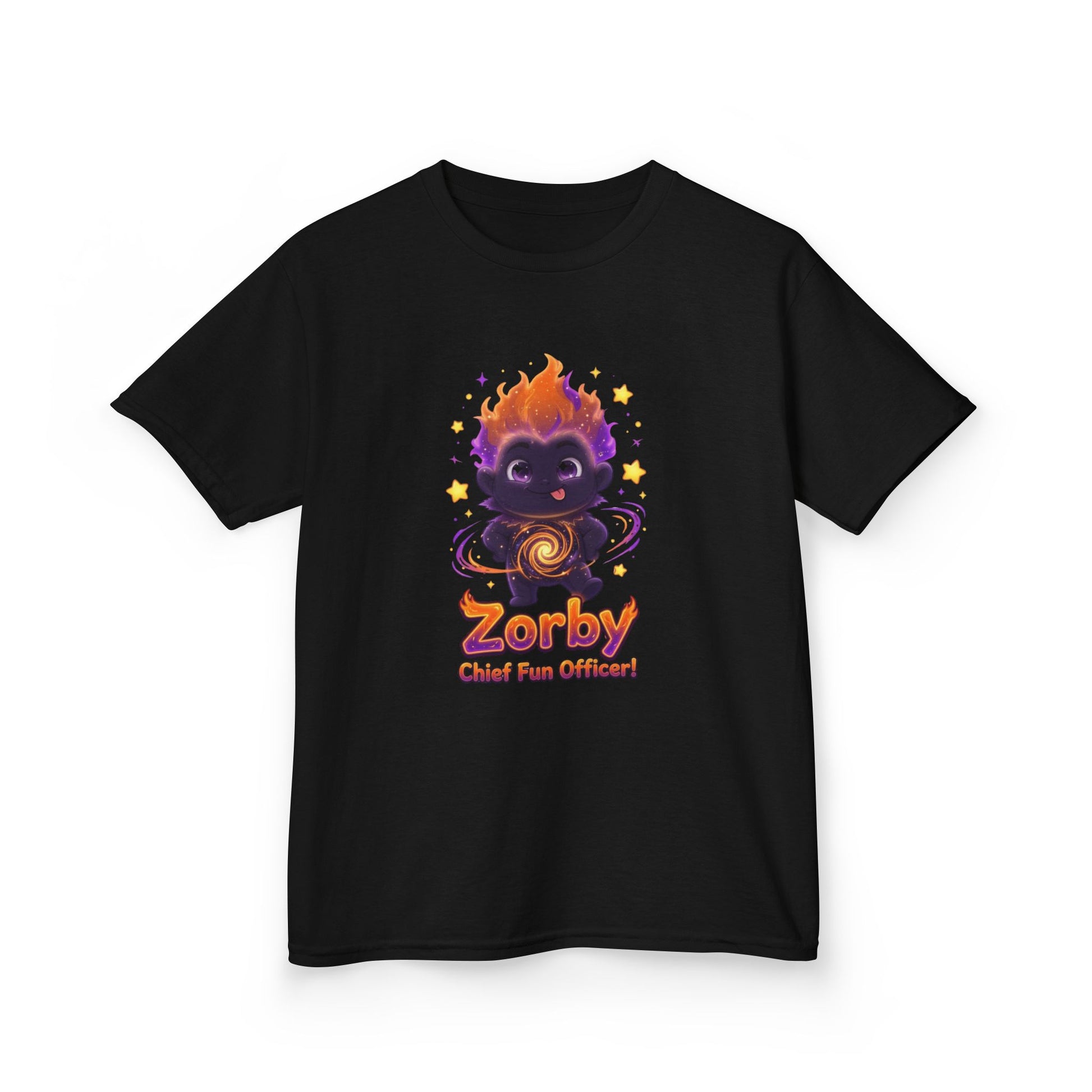 Black kids t-shirt featuring Zorby the Bounce-Back Trait Buddy with orange flame hair and swirl emblem from OrbPals