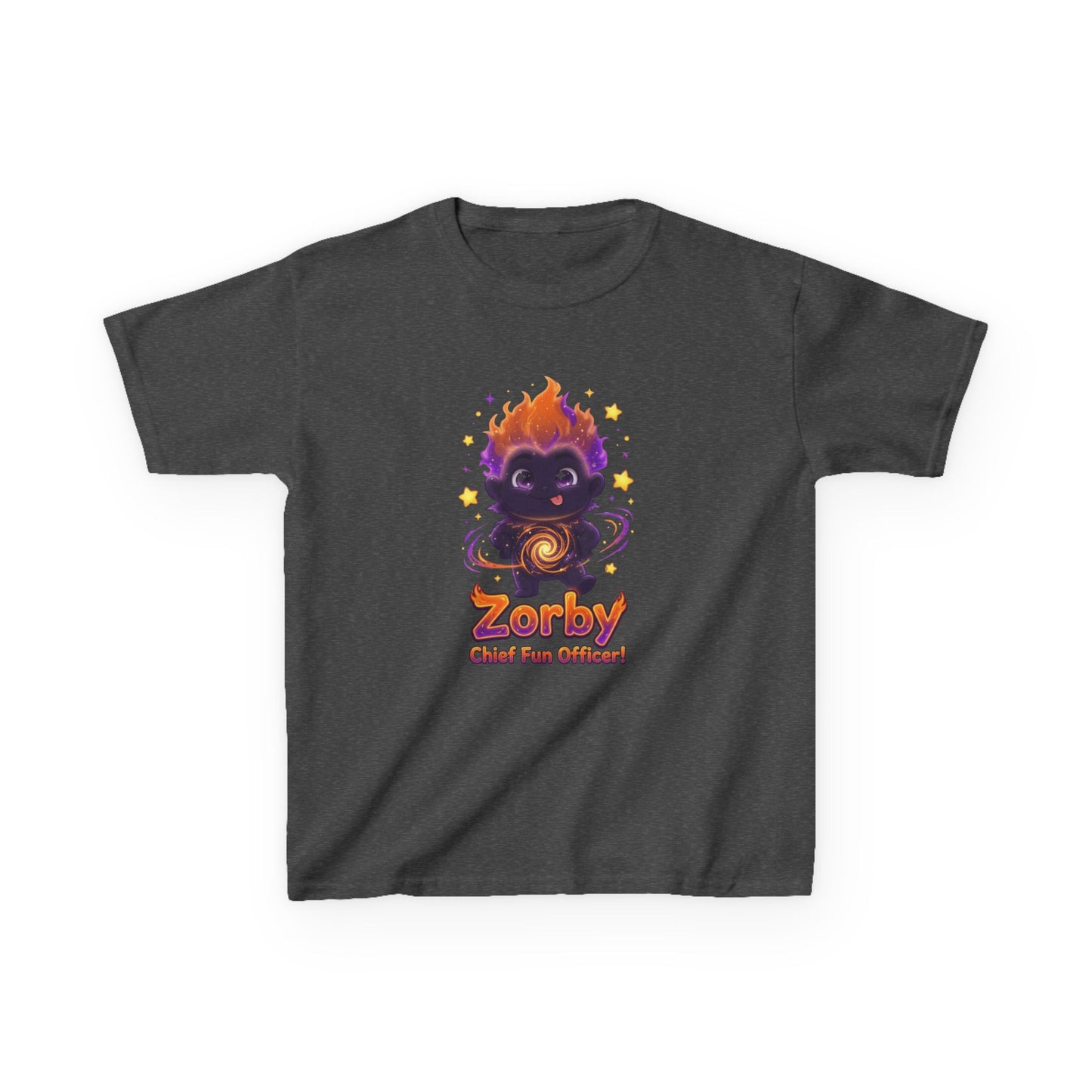 Dark gray kids t-shirt featuring Zorby the Bounce-Back Trait Buddy with orange flame hair and swirl emblem from OrbPals