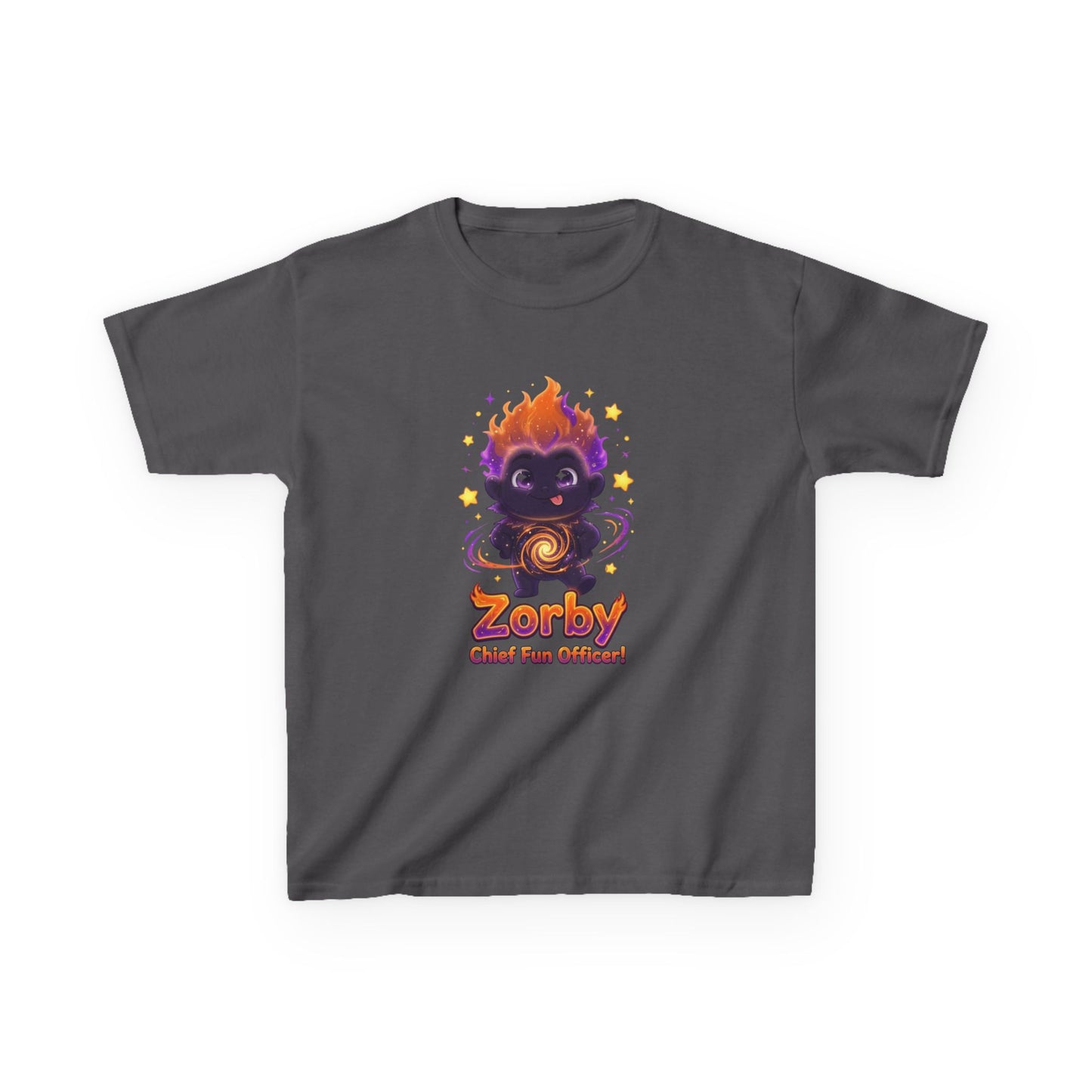 Dark gray kids t-shirt featuring Zorby the Bounce-Back Trait Buddy with orange flame hair and swirl emblem from OrbPals
