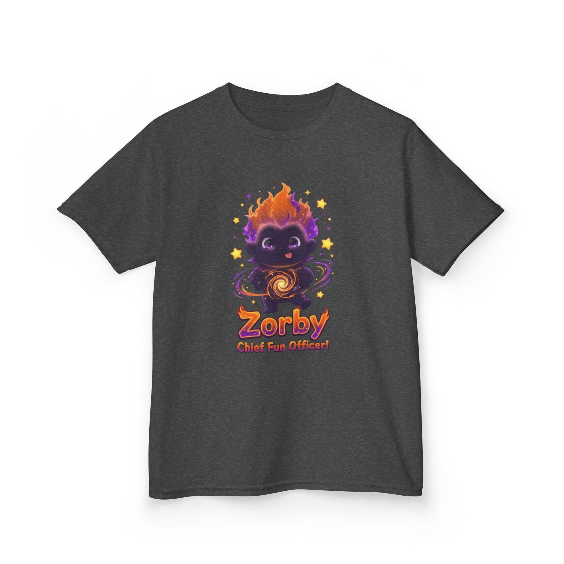 Dark gray kids t-shirt featuring Zorby the Bounce-Back Trait Buddy with orange flame hair and swirl emblem from OrbPals