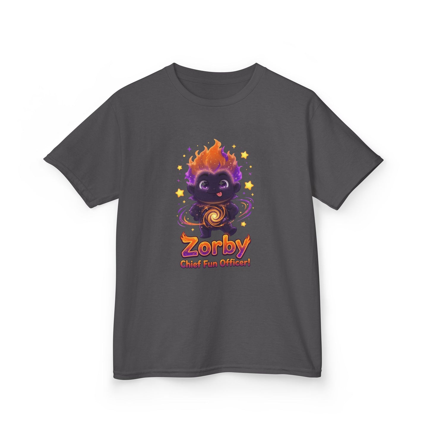Dark gray kids t-shirt featuring Zorby the Bounce-Back Trait Buddy with orange flame hair and swirl emblem from OrbPals