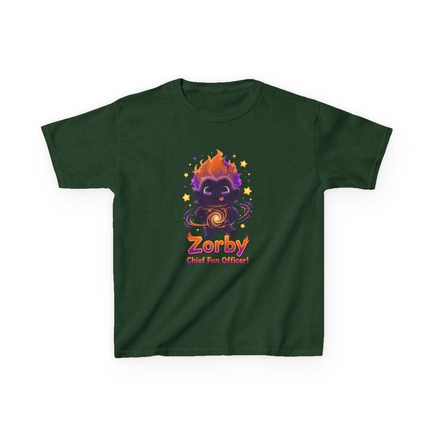 Green kids t-shirt featuring Zorby the Bounce-Back Trait Buddy with orange flame hair and swirl emblem from OrbPals