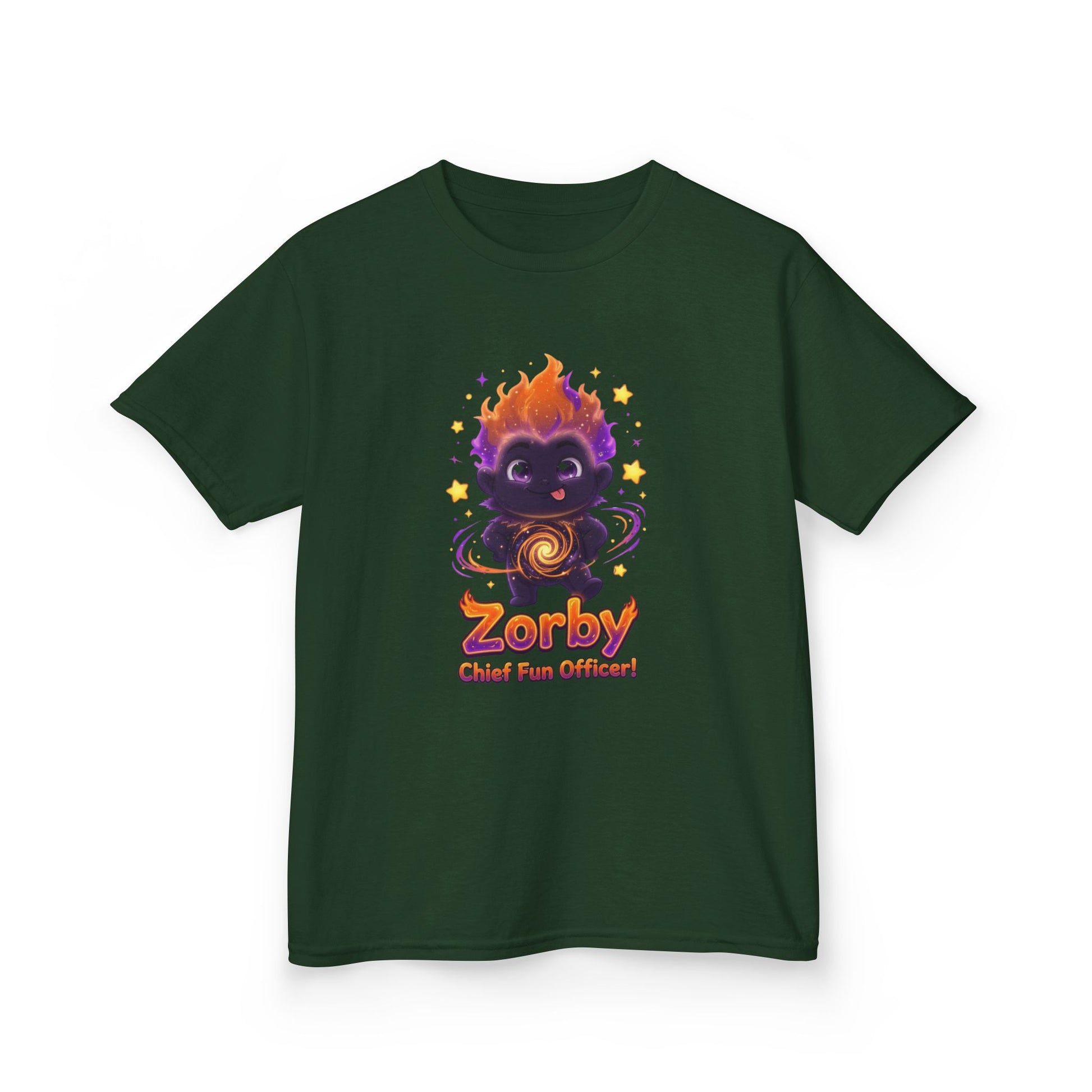 Green kids t-shirt featuring Zorby the Bounce-Back Trait Buddy with orange flame hair and swirl emblem from OrbPals