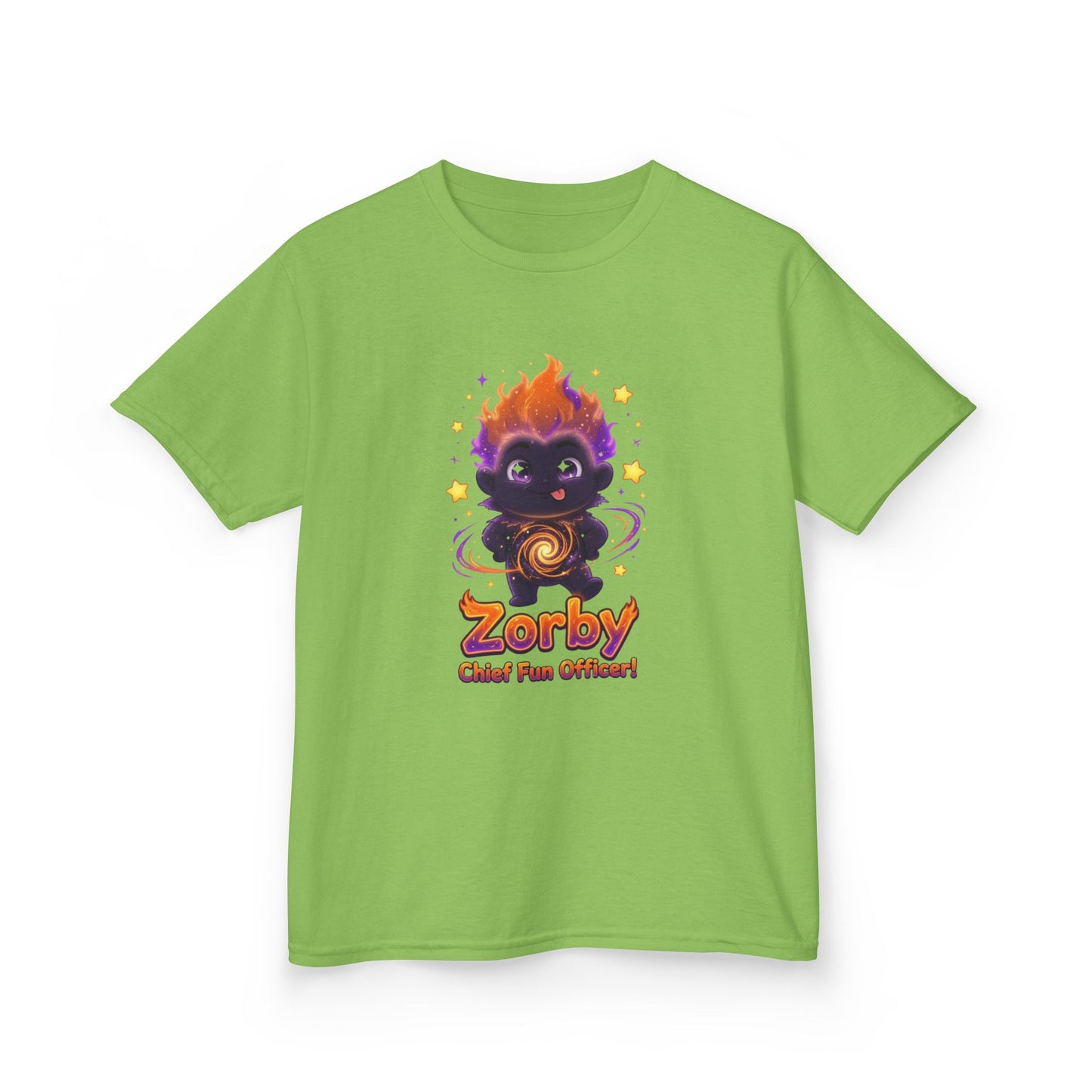 Lime green kids t-shirt featuring Zorby the Bounce-Back Trait Buddy with orange flame hair and swirl emblem from OrbPals