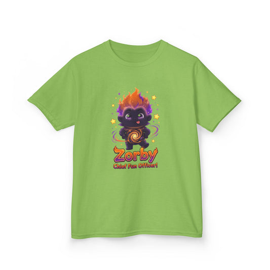 Lime green kids t-shirt featuring Zorby the Bounce-Back Trait Buddy with orange flame hair and swirl emblem from OrbPals
