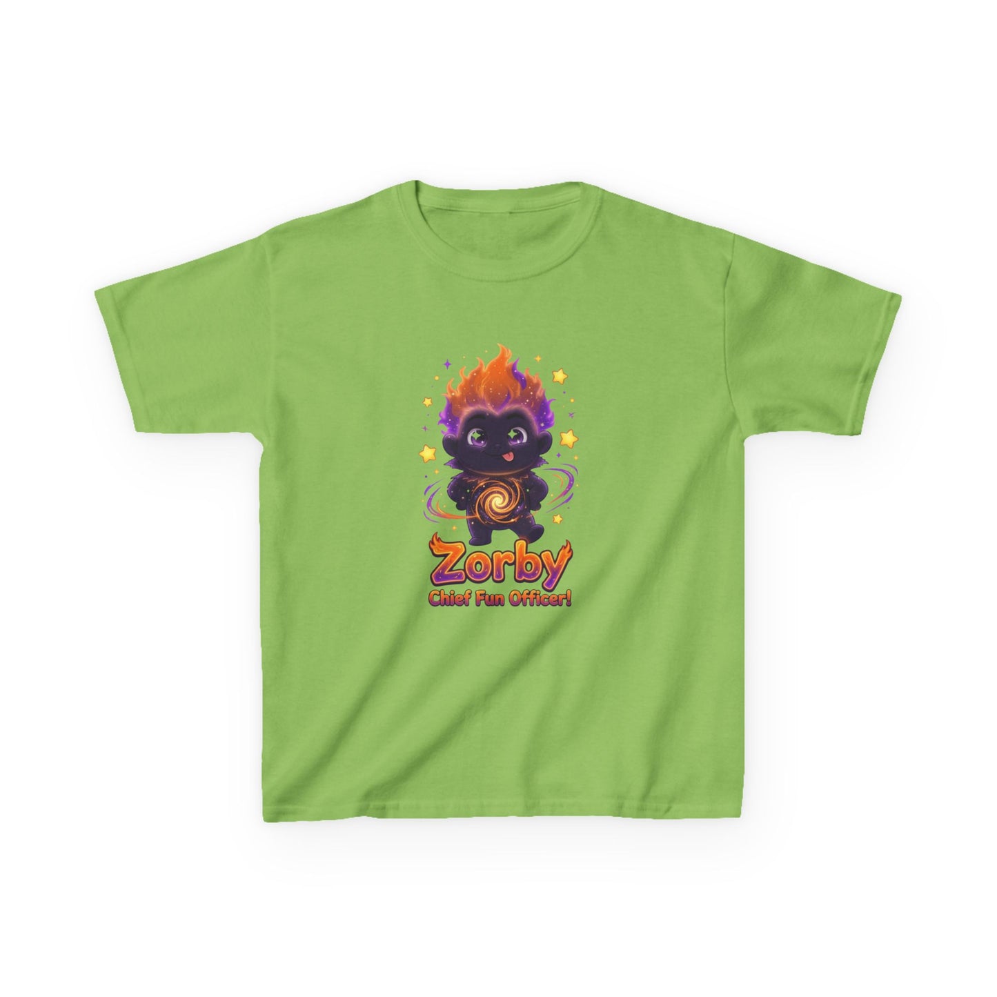 Lime green kids t-shirt featuring Zorby the Bounce-Back Trait Buddy with orange flame hair and swirl emblem from OrbPals