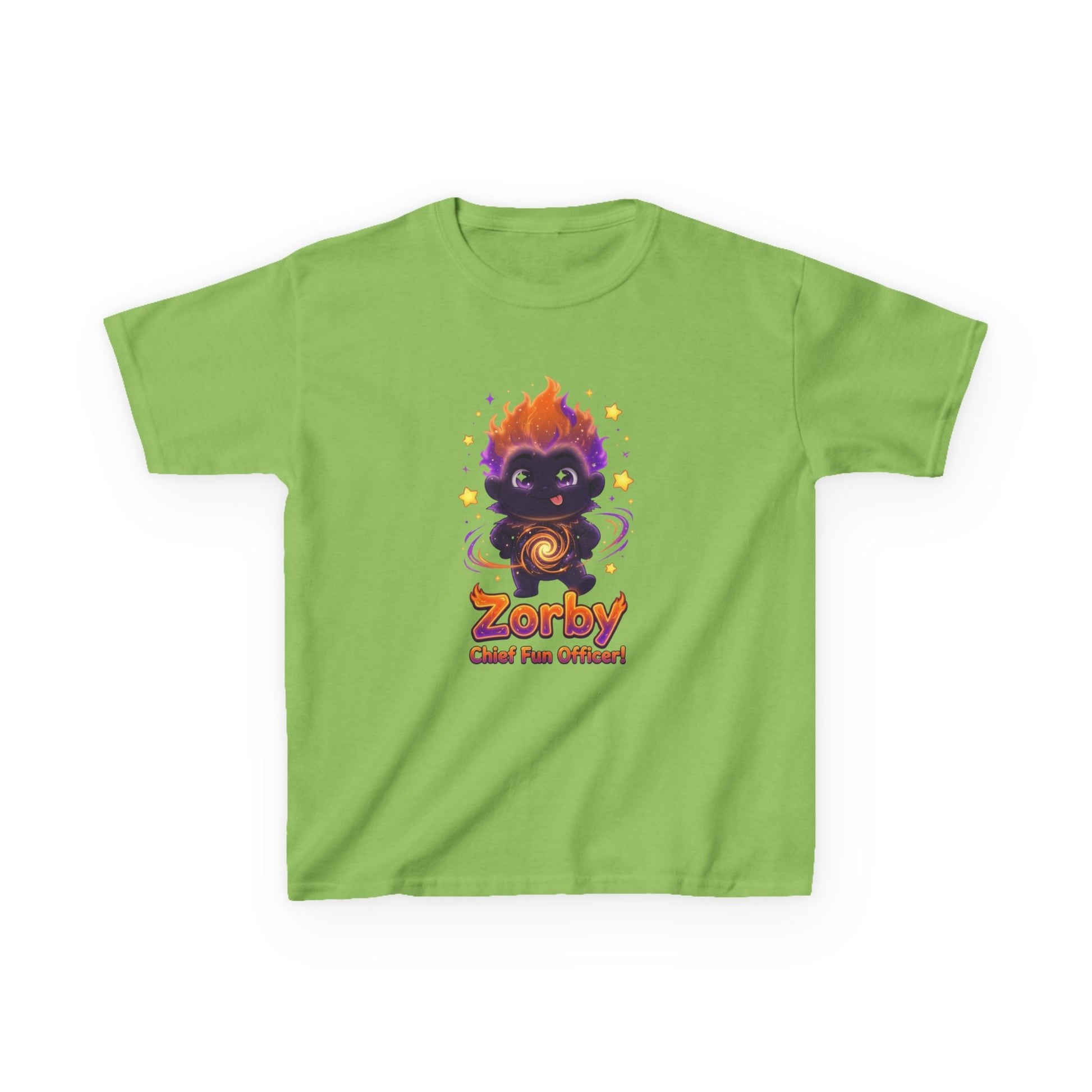 Lime green kids t-shirt featuring Zorby the Bounce-Back Trait Buddy with orange flame hair and swirl emblem from OrbPals