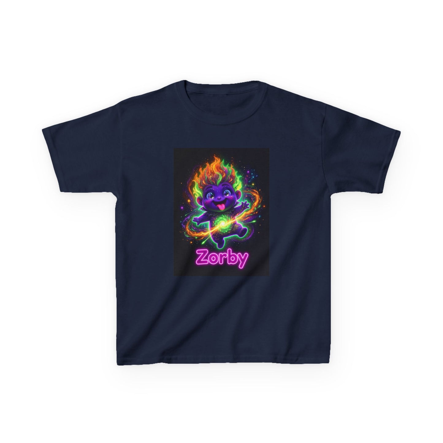 Navy blue kids t-shirt featuring Zorby the Bounce-Back Trait Buddy with neon rainbow energy effects from OrbPals