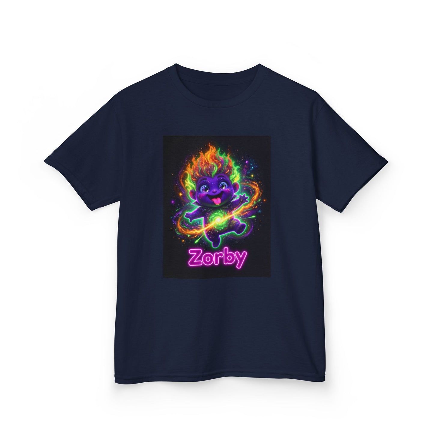 Navy blue kids t-shirt featuring Zorby the Bounce-Back Trait Buddy with neon rainbow energy effects from OrbPals