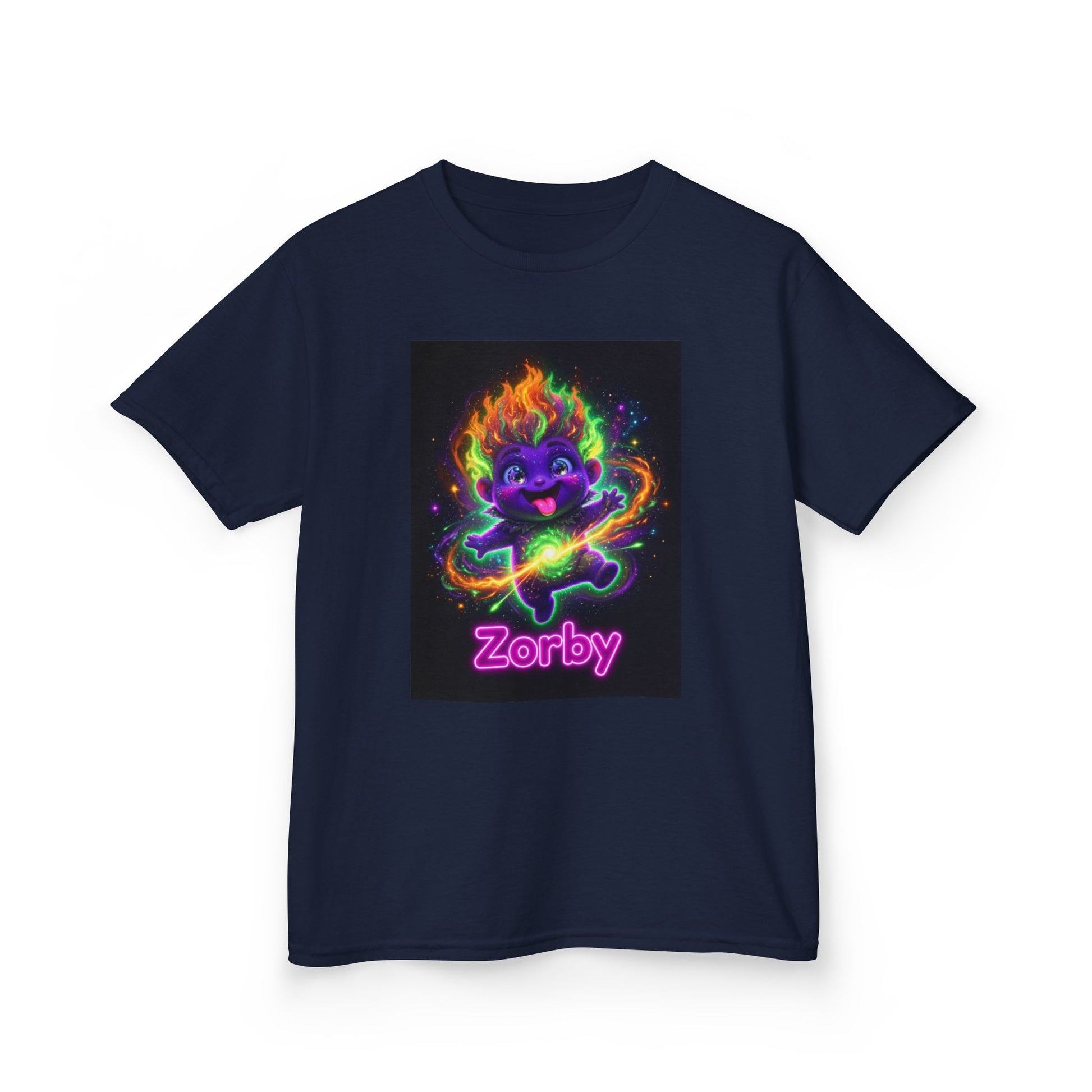 Navy blue kids t-shirt featuring Zorby the Bounce-Back Trait Buddy with neon rainbow energy effects from OrbPals