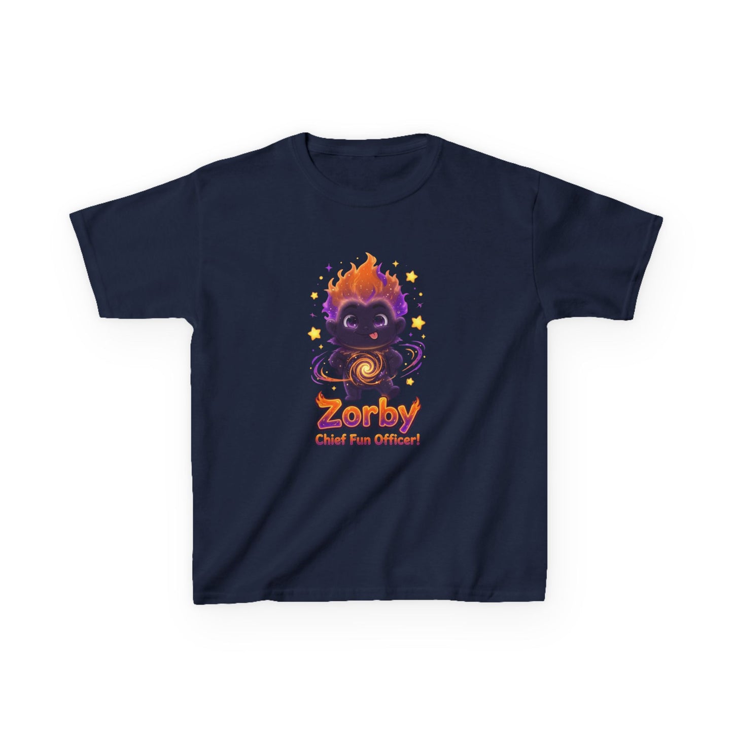 Navy blue kids t-shirt featuring Zorby the Bounce-Back Trait Buddy with orange flame hair and swirl emblem from OrbPals