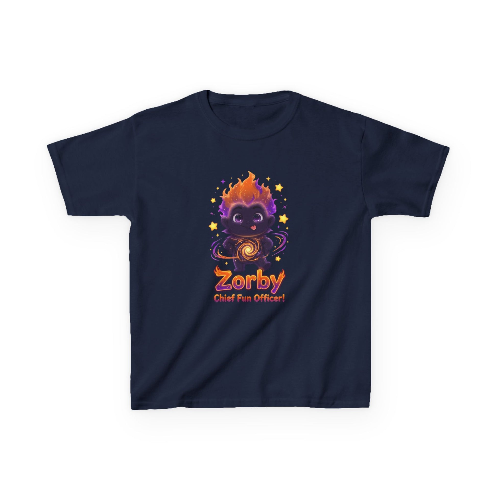 Navy blue kids t-shirt featuring Zorby the Bounce-Back Trait Buddy with orange flame hair and swirl emblem from OrbPals