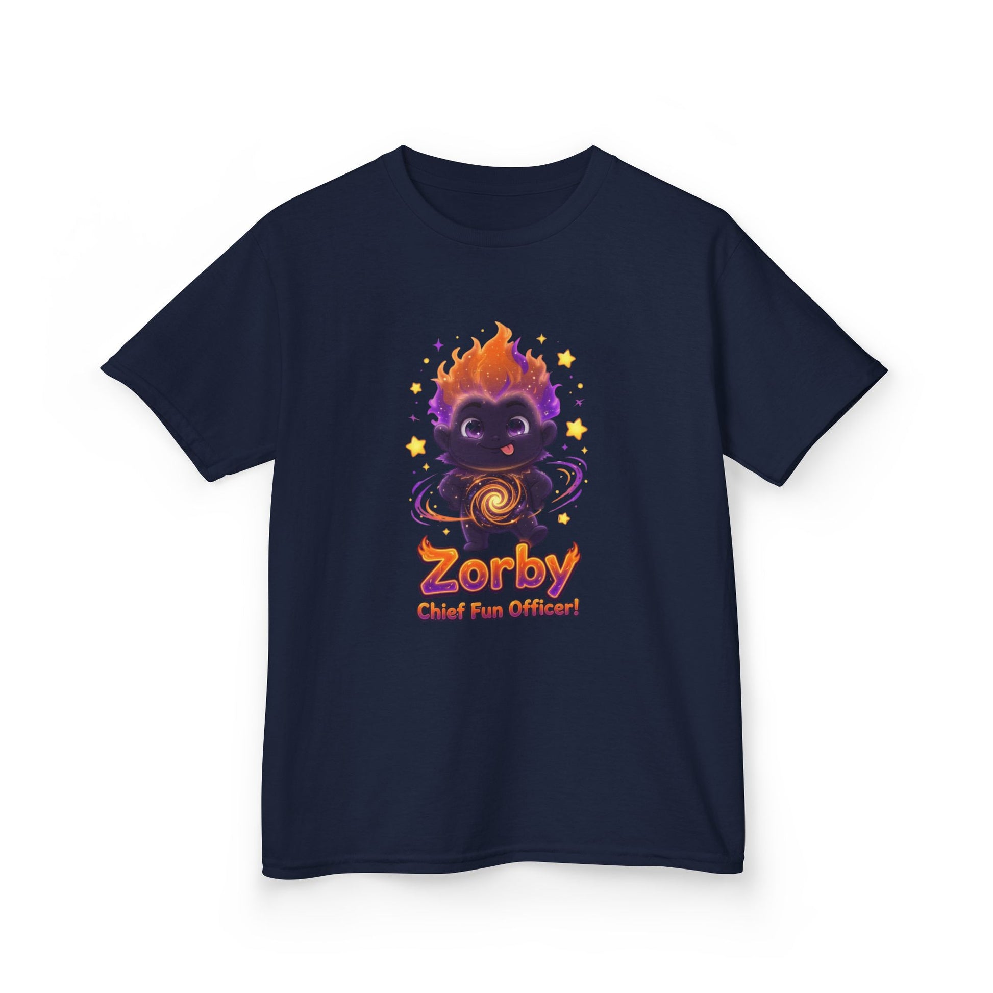 Navy blue kids t-shirt featuring Zorby the Bounce-Back Trait Buddy with orange flame hair and swirl emblem from OrbPals