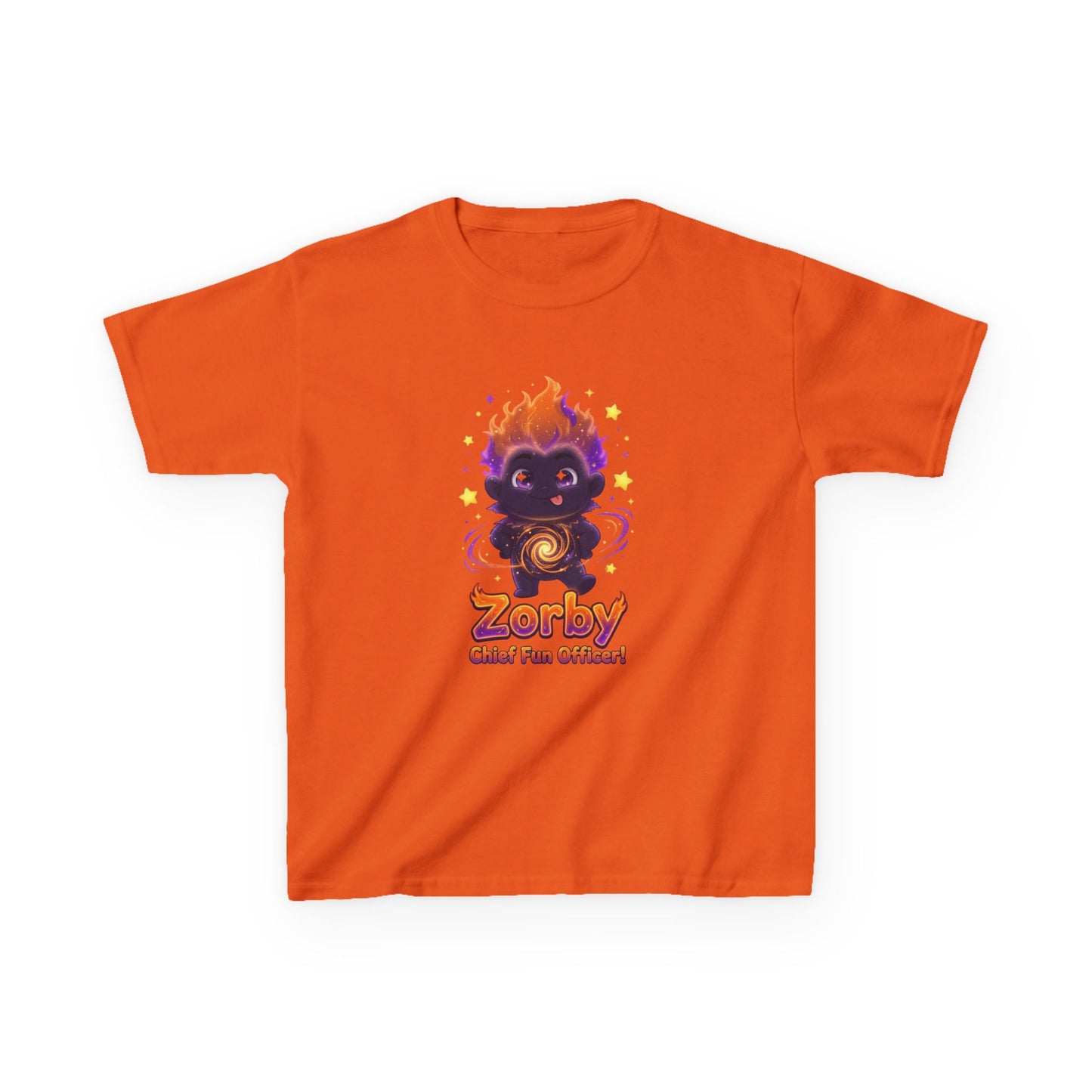 Orange kids t-shirt featuring Zorby the Bounce-Back Trait Buddy with orange flame hair and swirl emblem from OrbPals