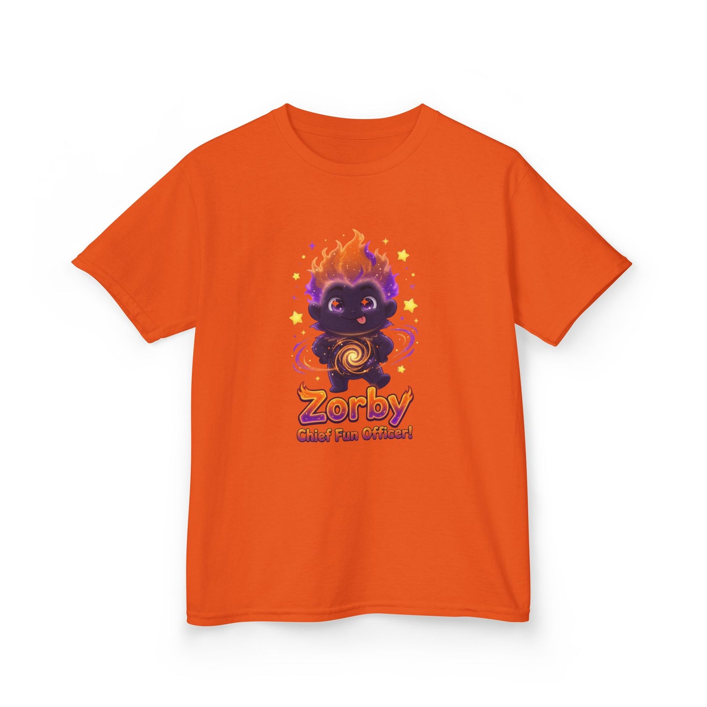 Orange kids t-shirt featuring Zorby the Bounce-Back Trait Buddy with orange flame hair and swirl emblem from OrbPals
