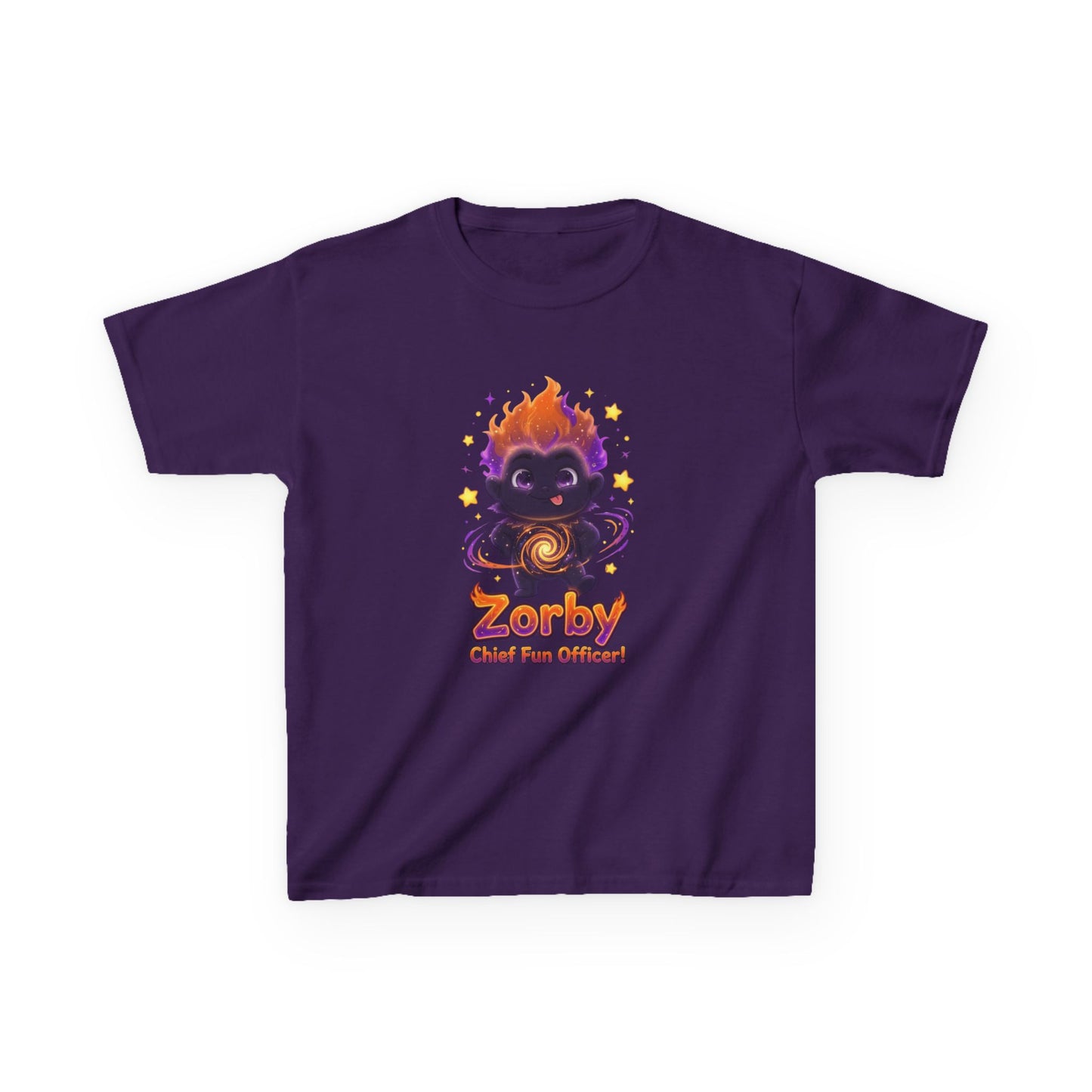 Purple kids t-shirt featuring Zorby the Bounce-Back Trait Buddy with orange flame hair and swirl emblem from OrbPals