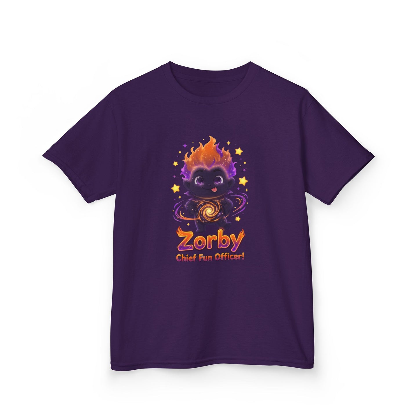 Purple kids t-shirt featuring Zorby the Bounce-Back Trait Buddy with orange flame hair and swirl emblem from OrbPals