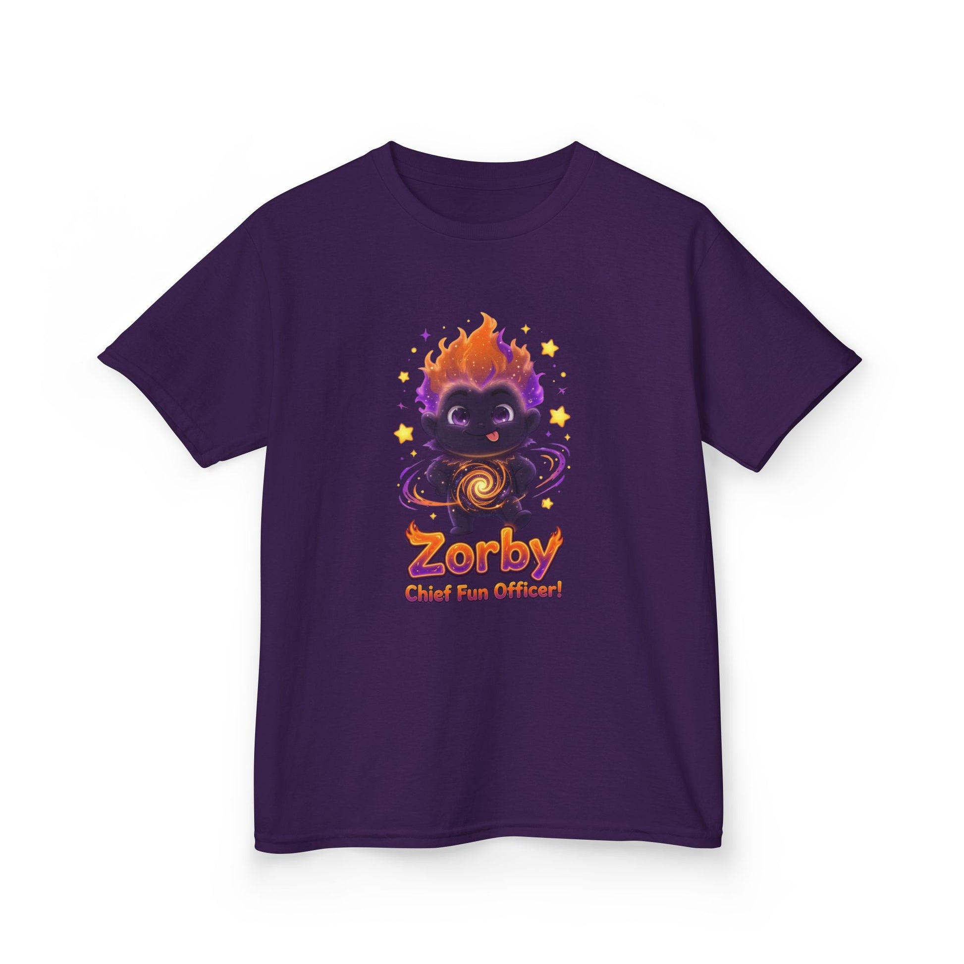 Purple kids t-shirt featuring Zorby the Bounce-Back Trait Buddy with orange flame hair and swirl emblem from OrbPals