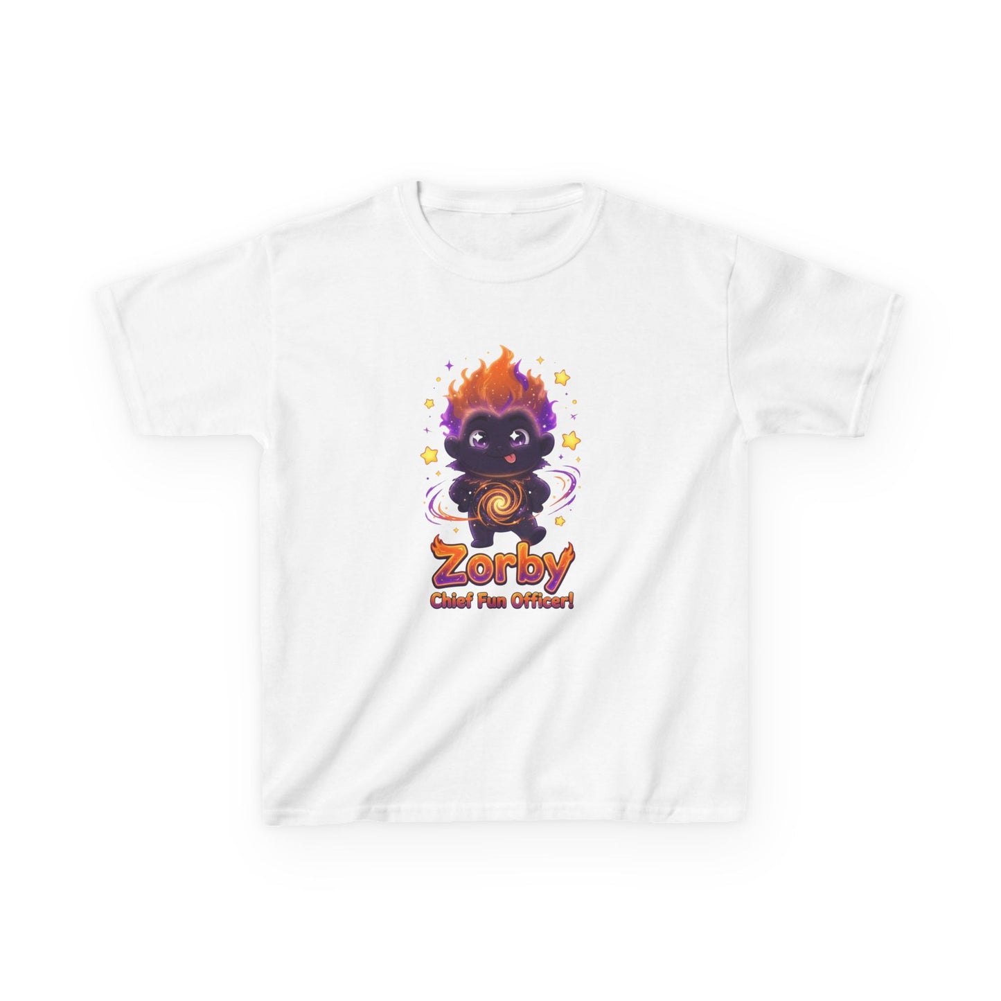 White kids t-shirt featuring Zorby the Bounce-Back Trait Buddy with orange flame hair and swirl emblem from OrbPals