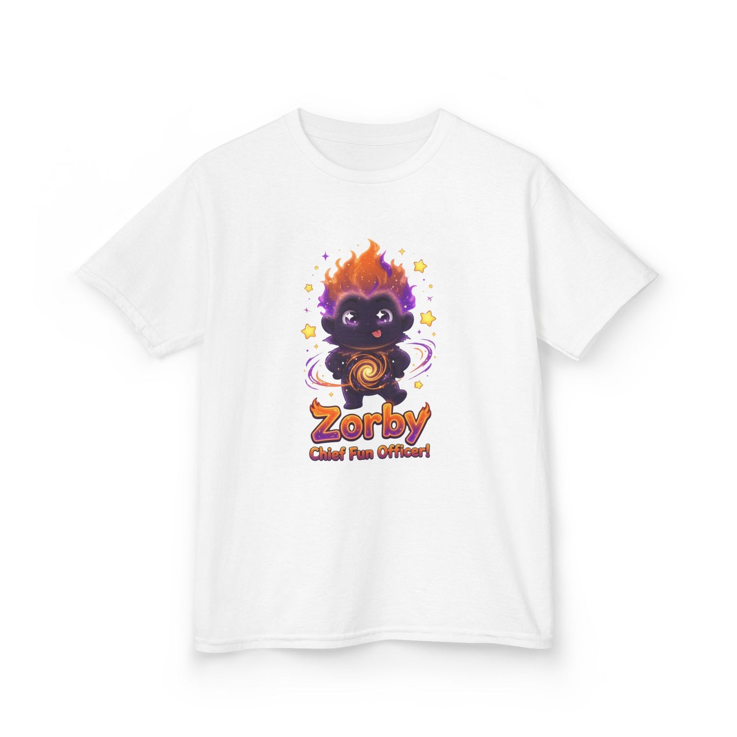 White kids t-shirt featuring Zorby the Bounce-Back Trait Buddy with orange flame hair and swirl emblem from OrbPals