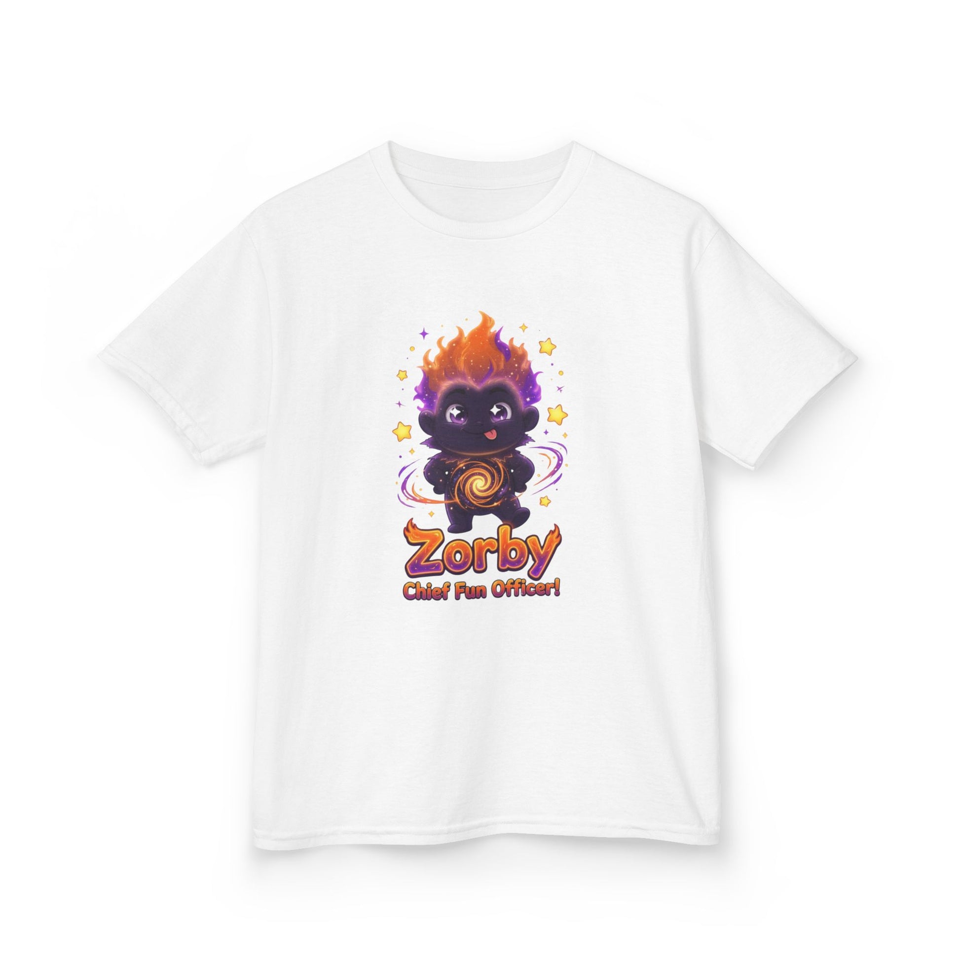 White kids t-shirt featuring Zorby the Bounce-Back Trait Buddy with orange flame hair and swirl emblem from OrbPals