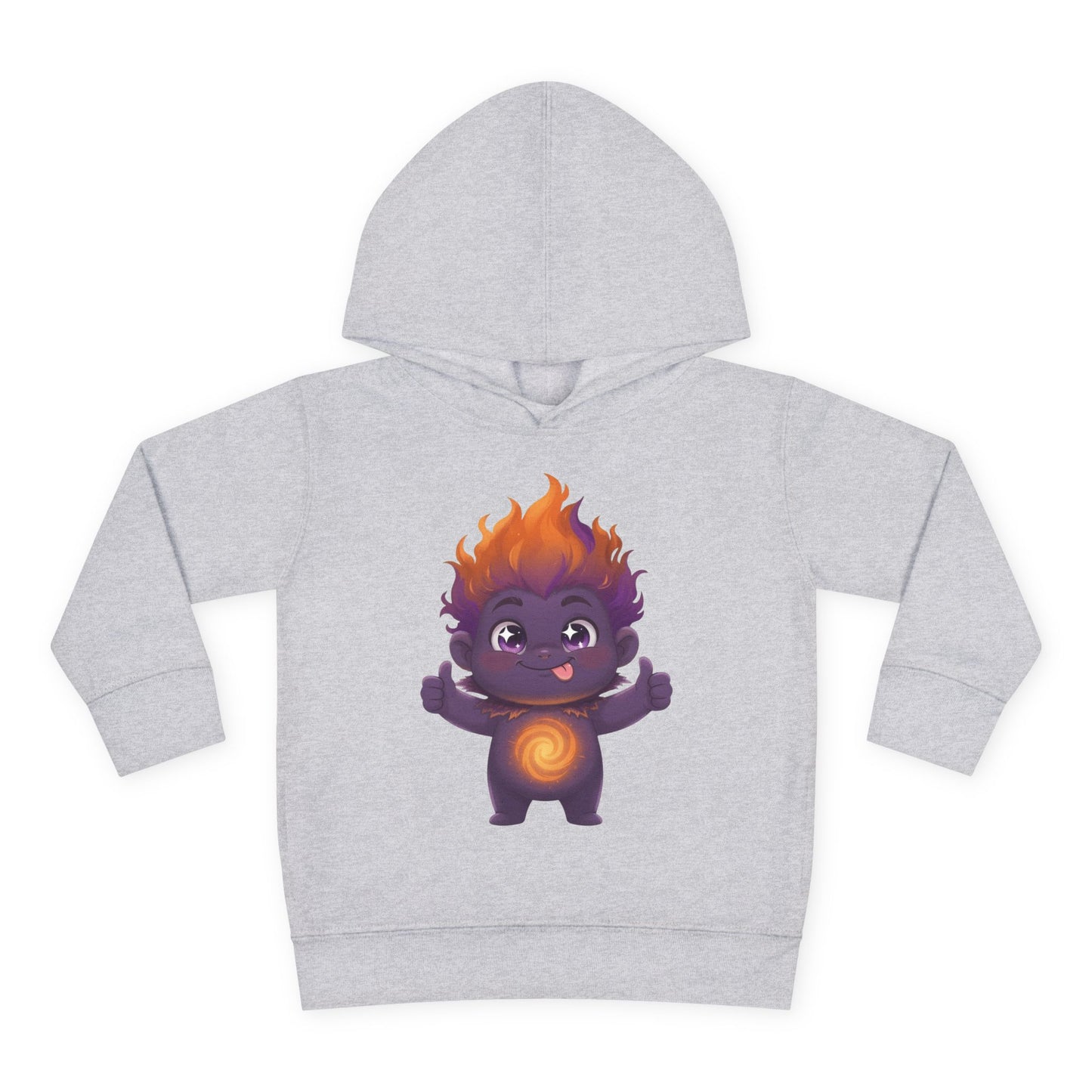 Gray hoodie featuring a playful purple character with flaming orange hair, giving two thumbs up with tongue out, and a glowing orange spiral on its chest.