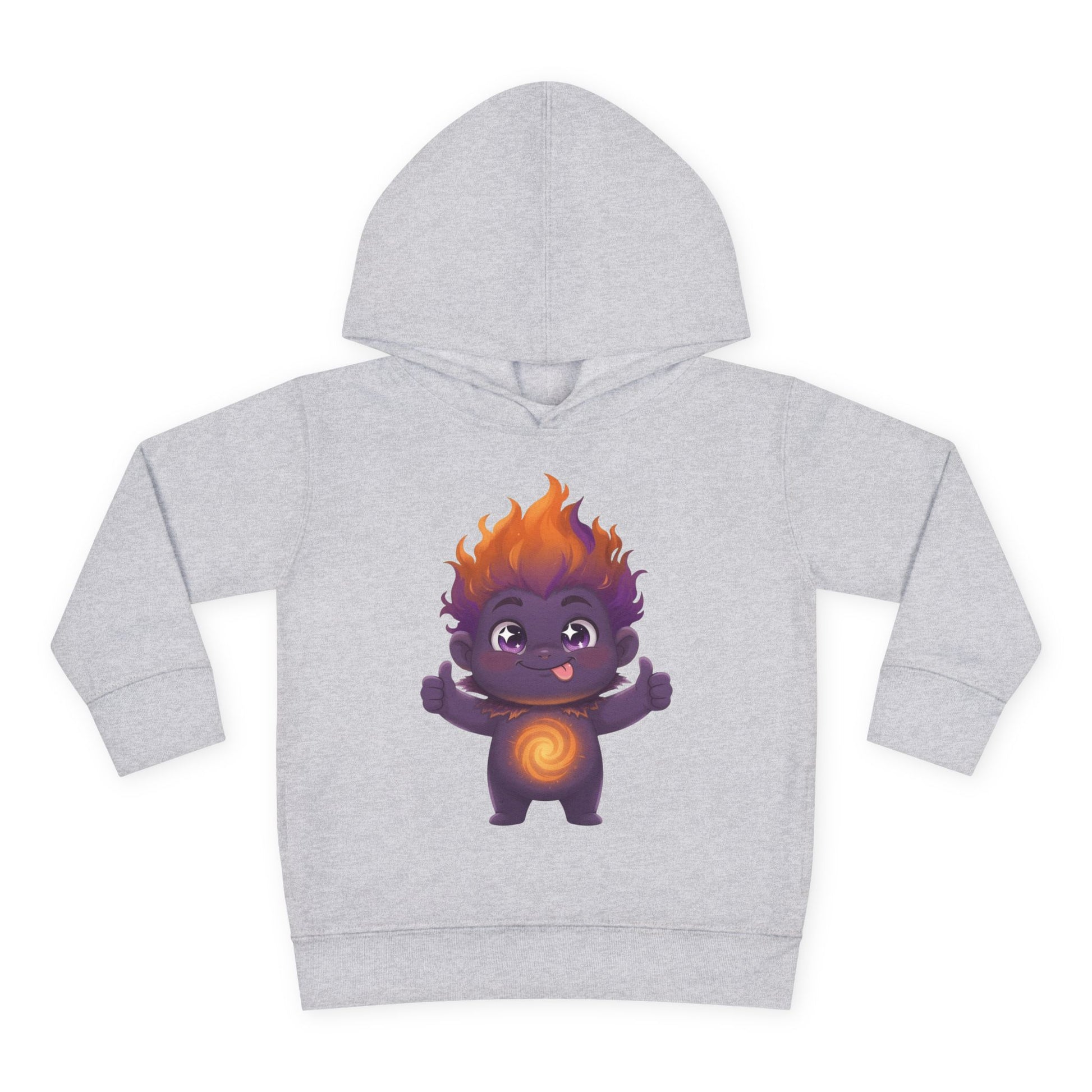 Gray hoodie featuring a playful purple character with flaming orange hair, giving two thumbs up with tongue out, and a glowing orange spiral on its chest.