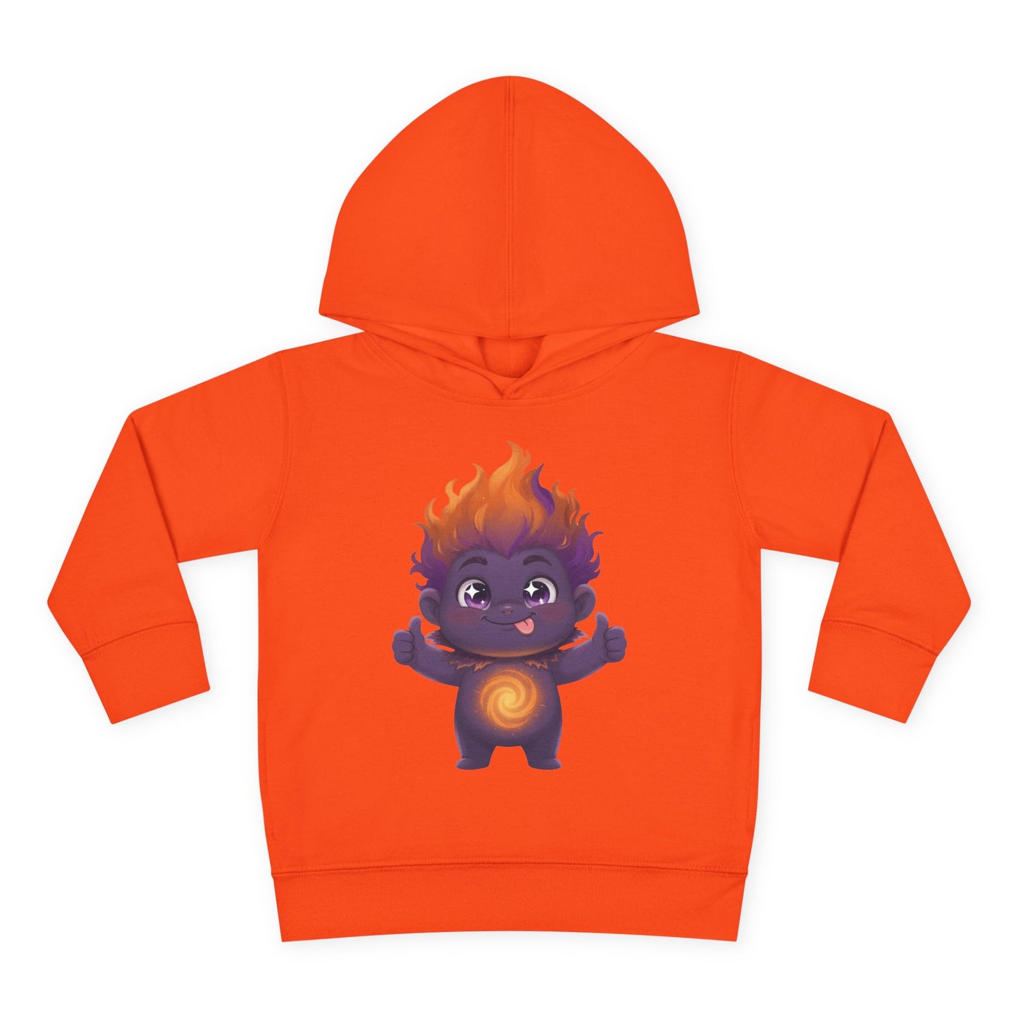 Orange hoodie featuring a playful purple character with flaming orange hair, giving two thumbs up with tongue out, and a glowing orange spiral on its chest.