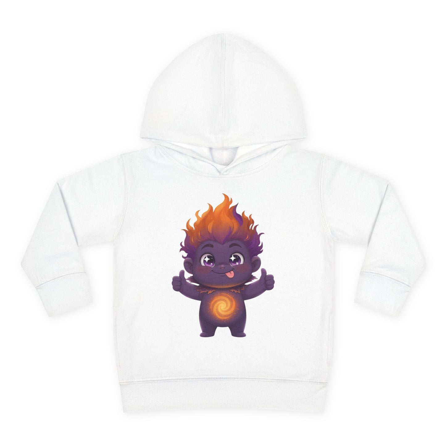 White hoodie featuring a playful purple character with flaming orange hair, giving two thumbs up with tongue out, and a glowing orange spiral on its chest.