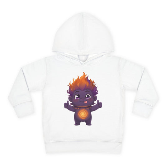 White hoodie featuring a playful purple character with flaming orange hair, giving two thumbs up with tongue out, and a glowing orange spiral on its chest.