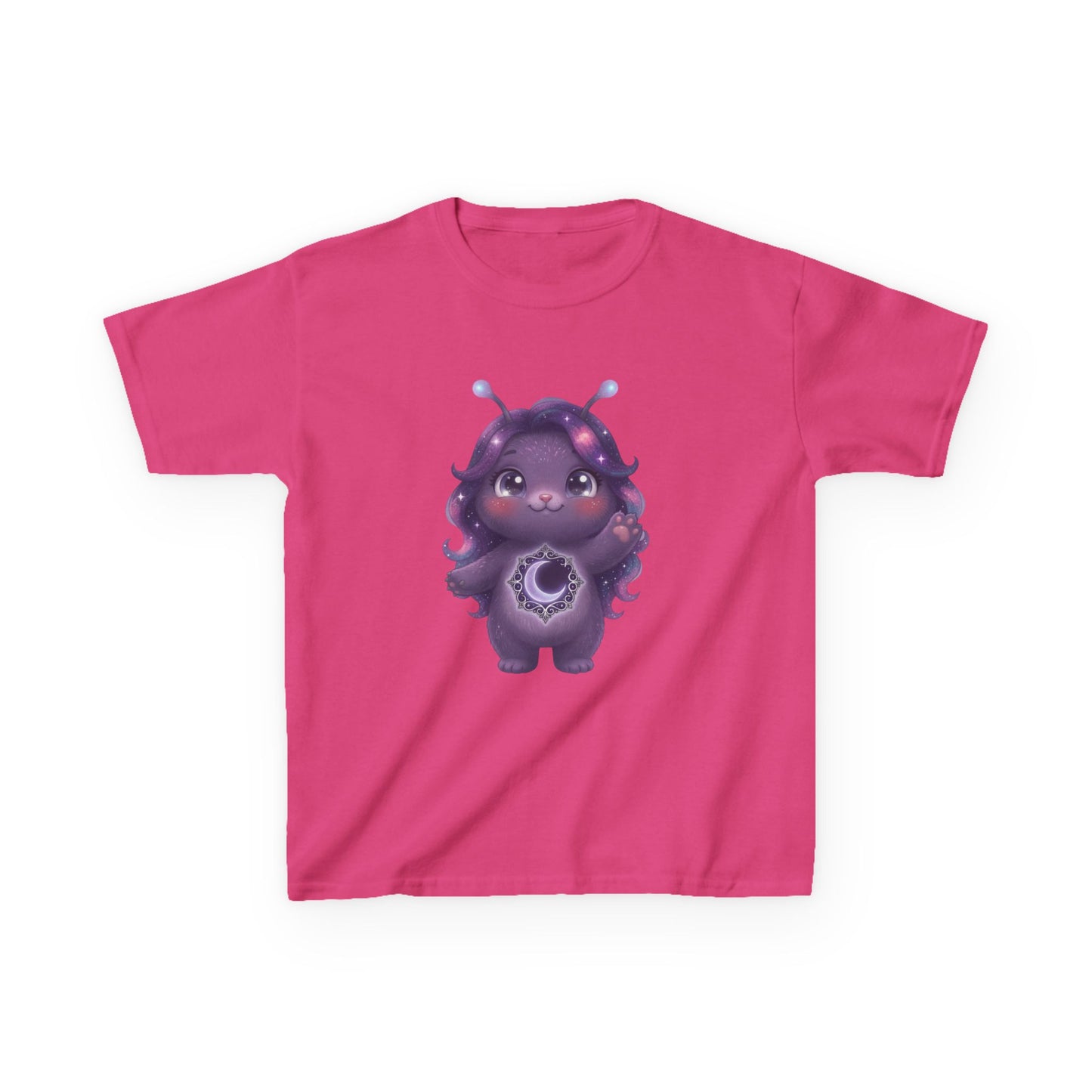 Pink crew-neck t-shirt featuring a cute purple galaxy creature with antennae, long wavy hair, and a glowing crescent moon emblem on its chest.